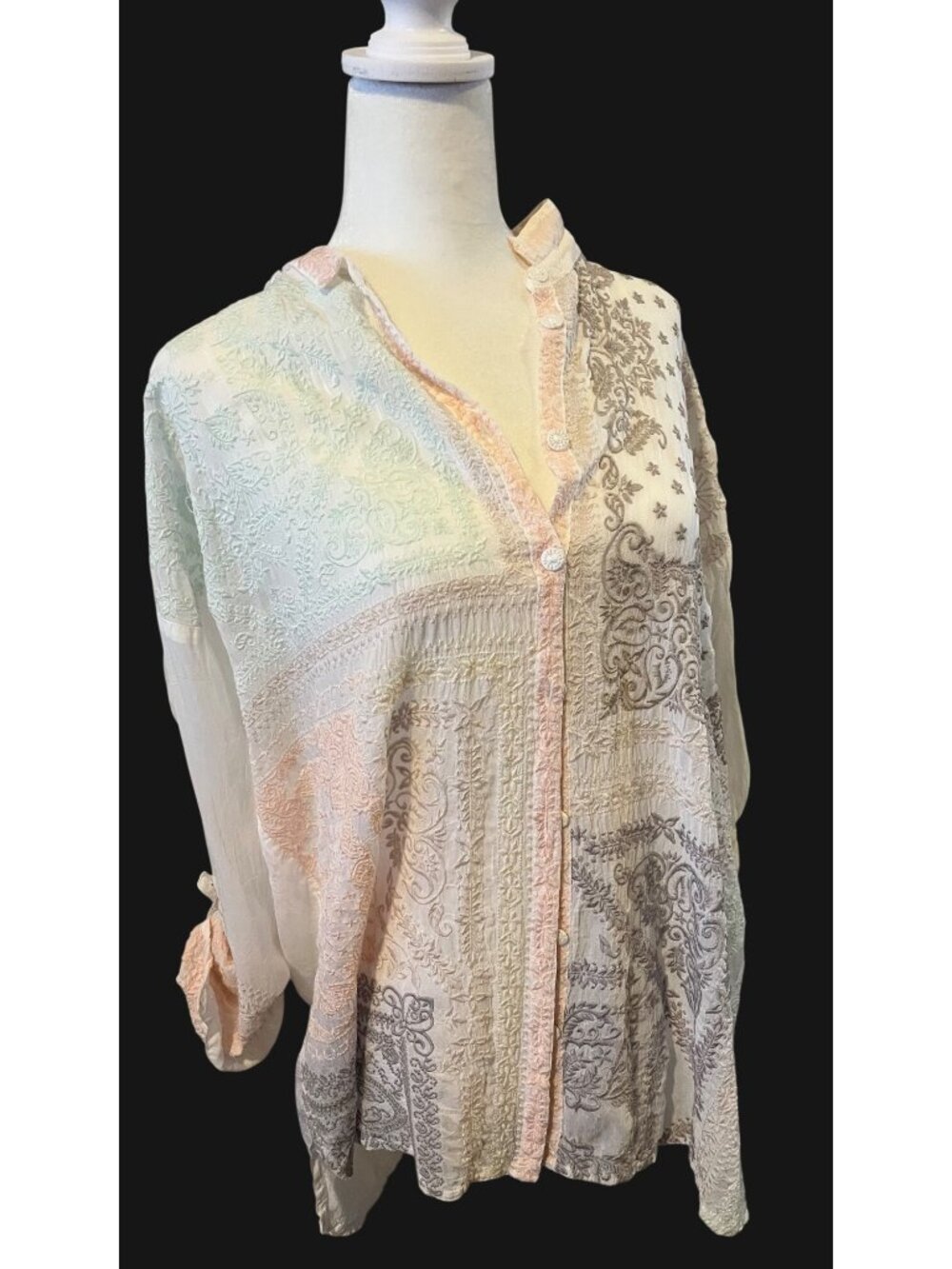 Johnny Was Embroidered Sheer Button-Up Blouse Rayon Pastel Boho Silky